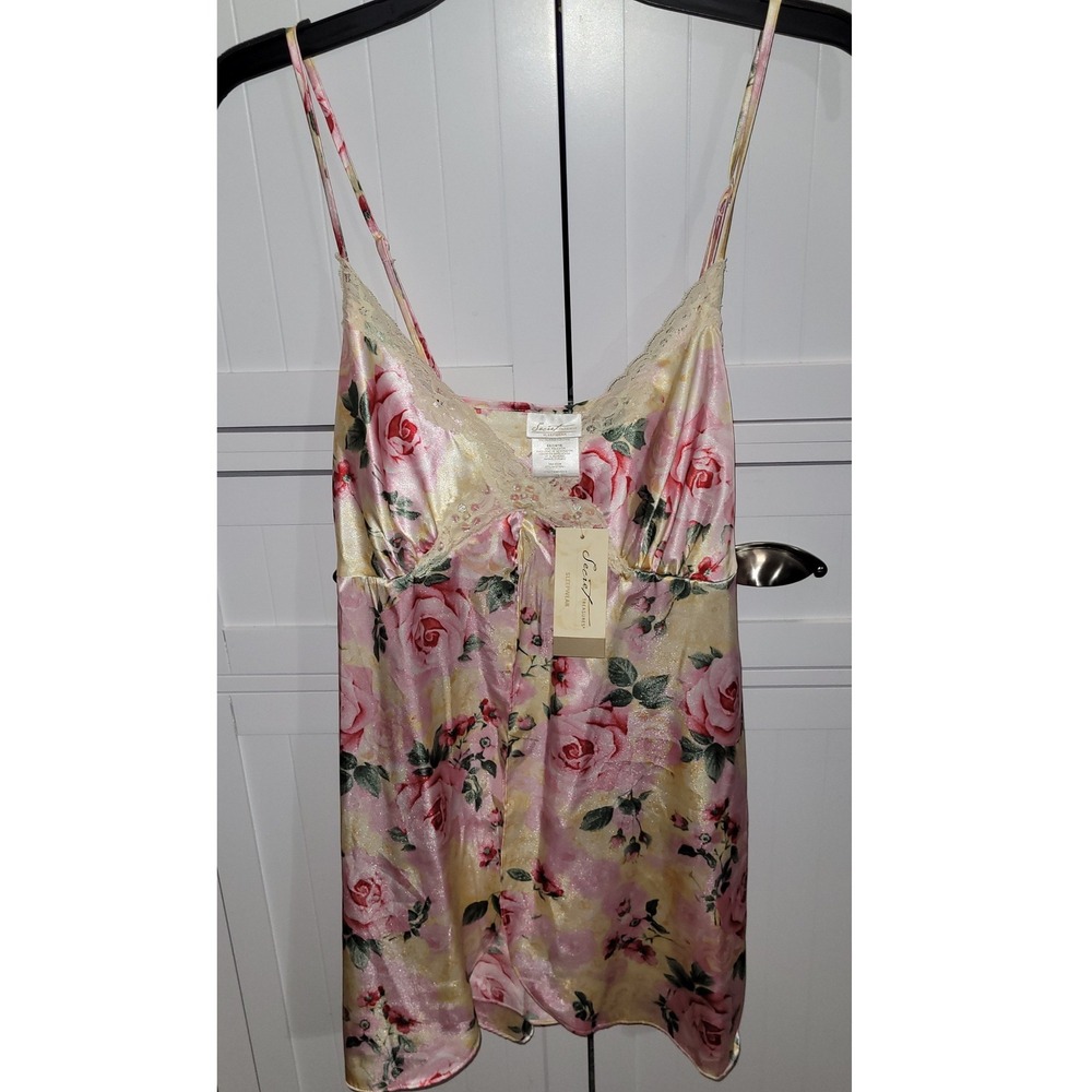 Vintage Secret Treasures Rose Floral Satin Babydoll Chemise Thong Set XL NWT Y2K